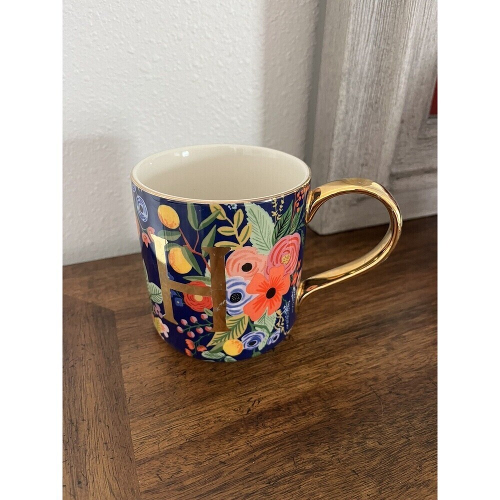 H Initial Name Mug Anthropologie Blue Floral Gold Trim Coffee Cup‎
